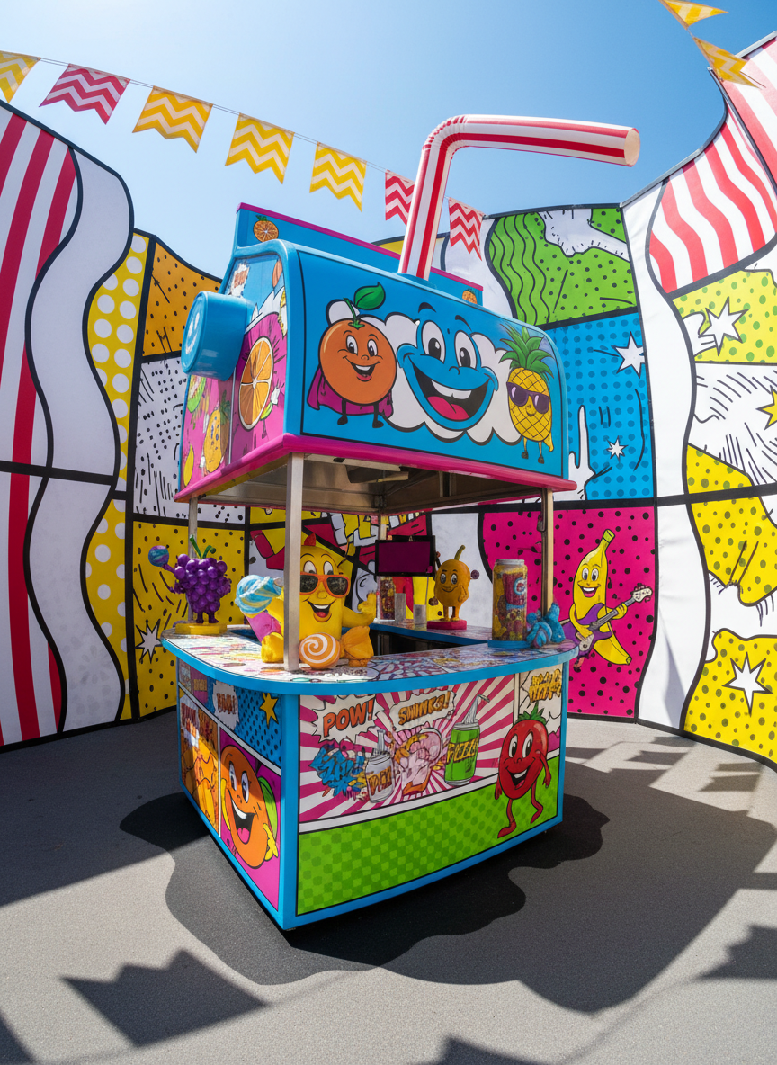 An exuberant, stylized comicbook-themed refreshment stand shaped like a cartoon juice box, complete with oversized rounded straw and playful fruit graphics in saturated colors. The vibrant counter is covered with whimsical illustrated menus and prop treats—hyper-colored candies, bubbling soda cans with pop-art fizz, and smiling, anthropomorphic fruit characters. The stand is set against a backdrop of wavy, comic-panel partitions and striped canvas banners. Radiant midday sunlight pours over the stand, making colors pop and creating animated, deep shadows below the counter’s curves. Photographed from a low angle with a wide lens, the stand looms large and inviting in the frame. The mood is lively and slightly mischievous, with rounded forms and energetic composition, perfectly in tune with the salon’s playful, comic-centric spirit.